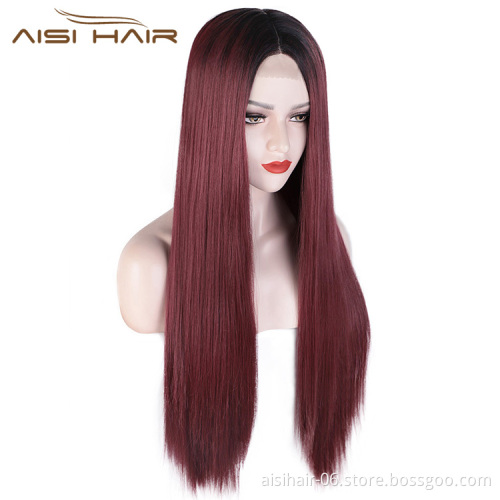 Aisi Hair Long Ombre Red Dark Root Wig Silky Straight Lace Frontal Wig Middle Part Synthetic Front Lace Hair Wigs For Women
